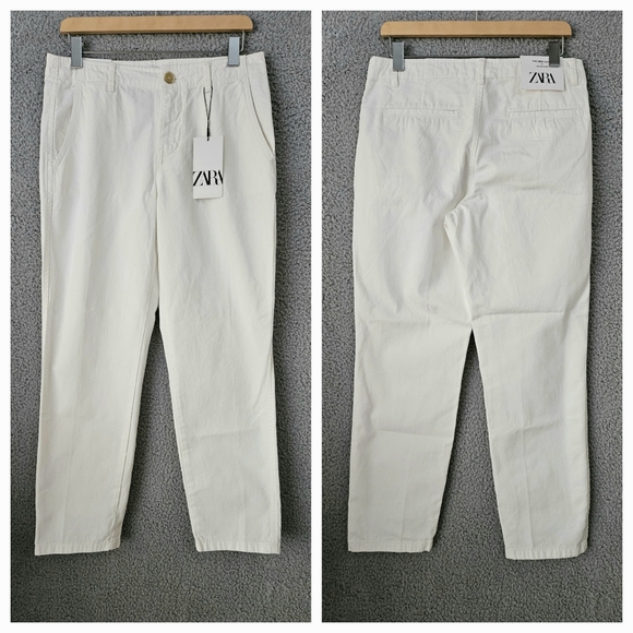 New Zara Womens White Chino Pants US 6 Mid Rise Slim Fit Relaxed Leg Cropped - Picture 2 of 13